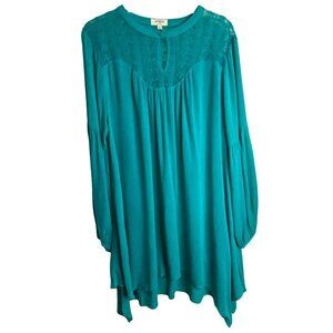 Umgee Turquoise Long Bishop Sleeve Relaxed Tunic with Lace Yoke Size L Boho Glam